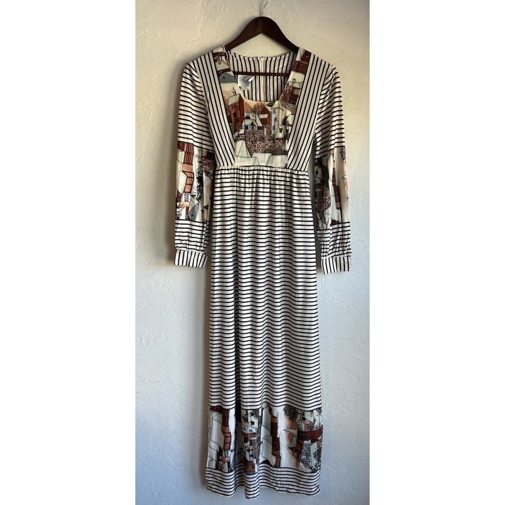 Vintage 60s 70s LA Nylon Maxi Dress 12 Prairie Folk Novelty Cottagecore Bohemian - Picture 4 of 13